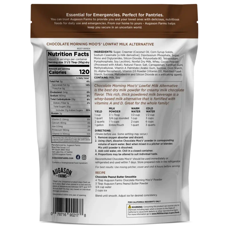 Augason Farms Morning Moo Chocolate Milk Alternative Pouch Augason Farms Morning Moo Chocolate Milk Alternative Pouch