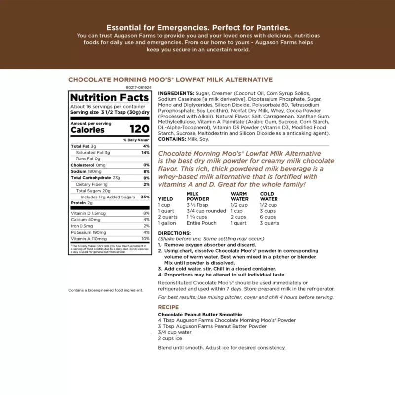 Augason Farms Morning Moo Chocolate Milk Alternative Pouch Augason Farms Morning Moo Chocolate Milk Alternative Pouch